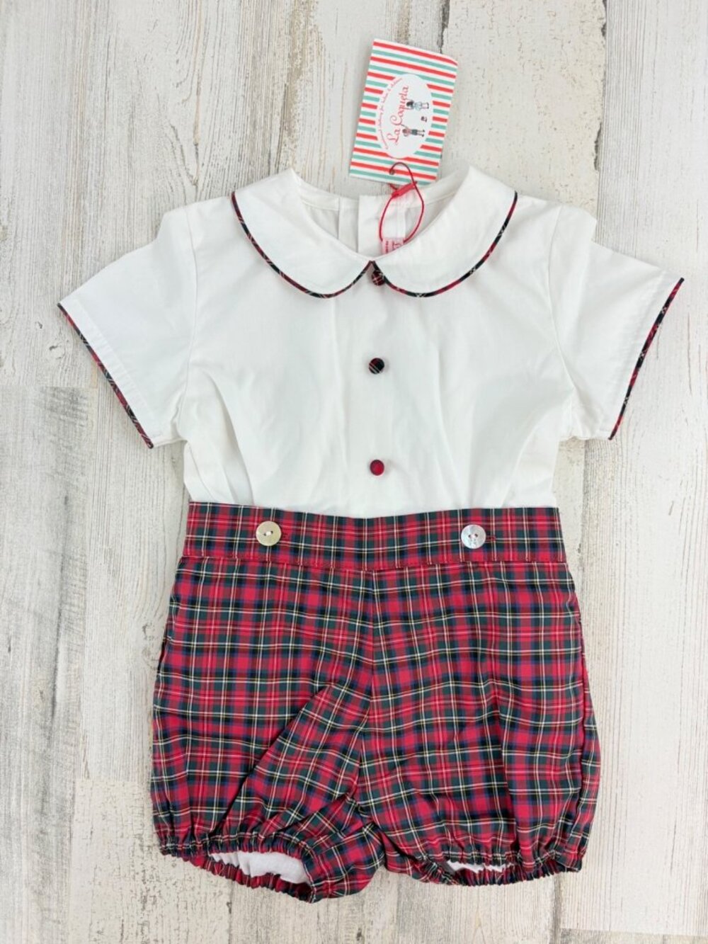 La Coqueta Baby Boys Set Red Tartan Plaid Pablo Romper Made in Spain Sz 2 2T NWT